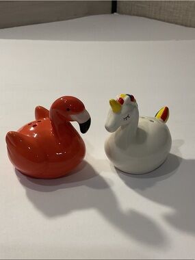 Whimsical Pool Floats Flamingo and Unicorn Salt and Pepper Shakers